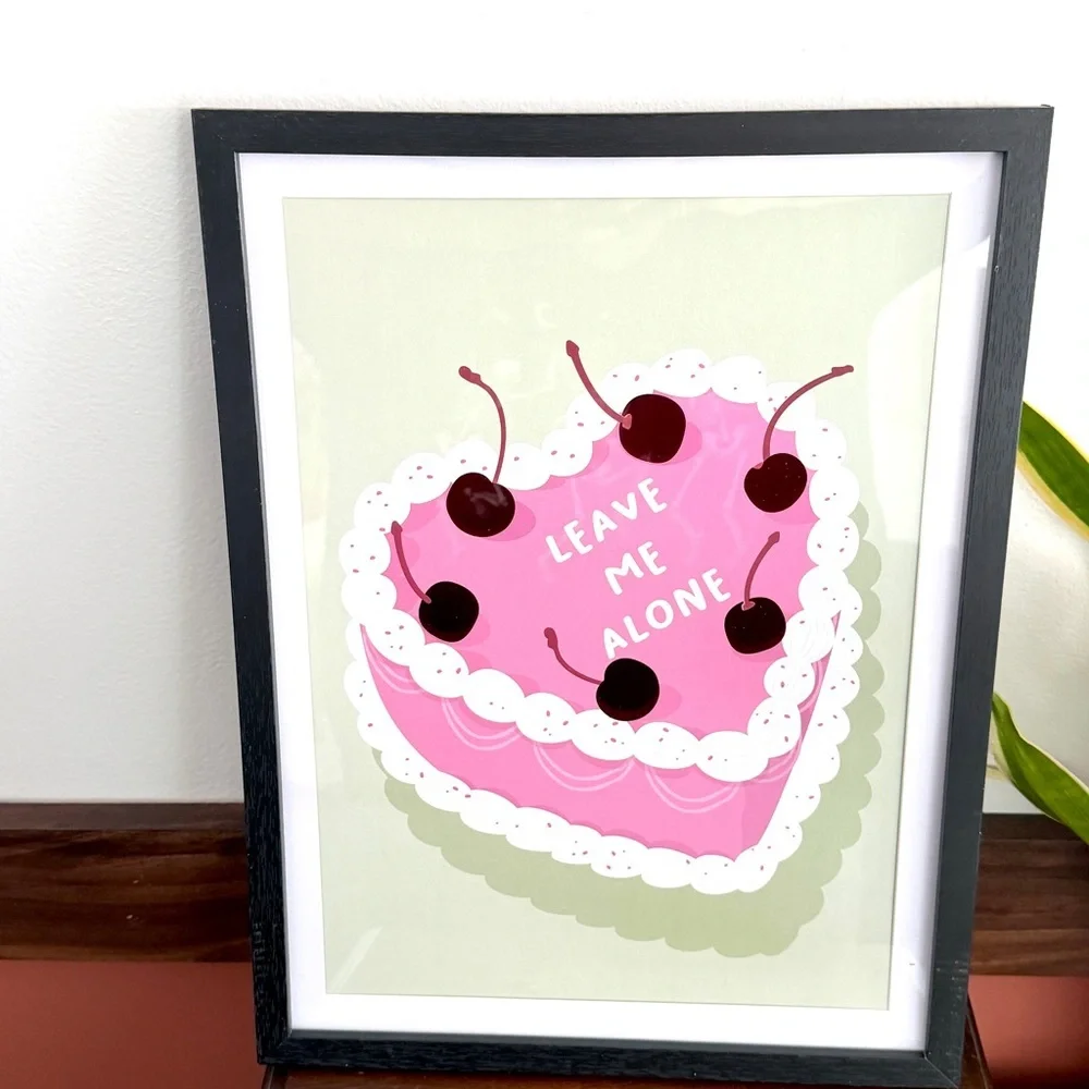 Leave Me Alone Heart Cake Red Cherry Pink Cake Framed Wall Art Quirky Art Print